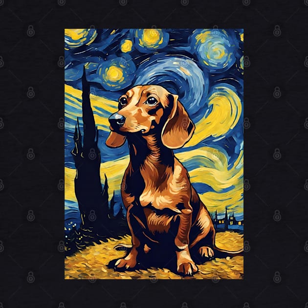 Cute Dachshund Dog Breed Painting in a Van Gogh Starry Night Art Style by Art-Jiyuu